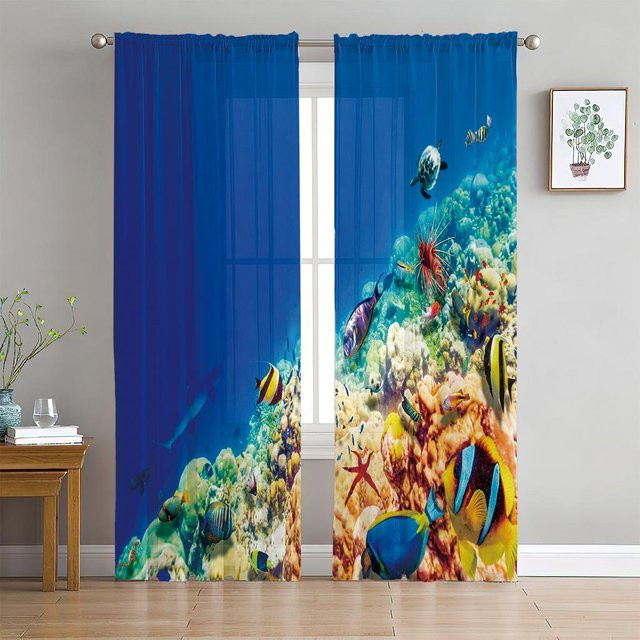 2-teiliger transparenter Tüllvorhang von Yiran Furniture in Blau mit Meerestieren, Delfinen und Schildkröten, B/H: 60 x 50 cm pro Teil - Bild 1