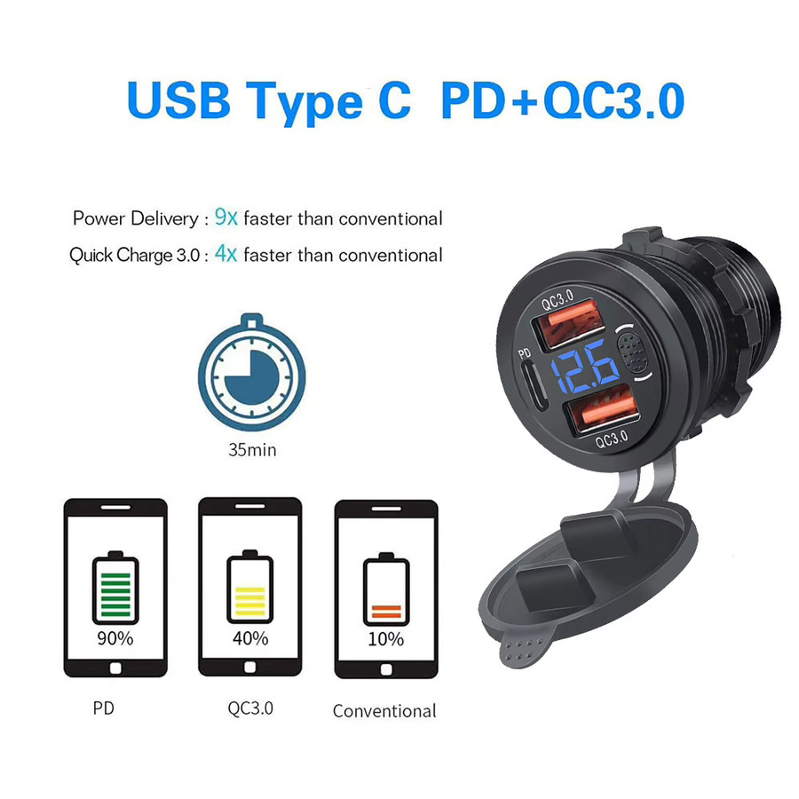 KEBETEME Autoladegerät-Buchse mit PD3.0 und QC3.0 Schnellladung, doppelte USB-C-Anschlüsse, wasserdicht, 78 W, Aluminium, Schwarz, für 12 V/24 V Boote und Motorräder - Bild 4