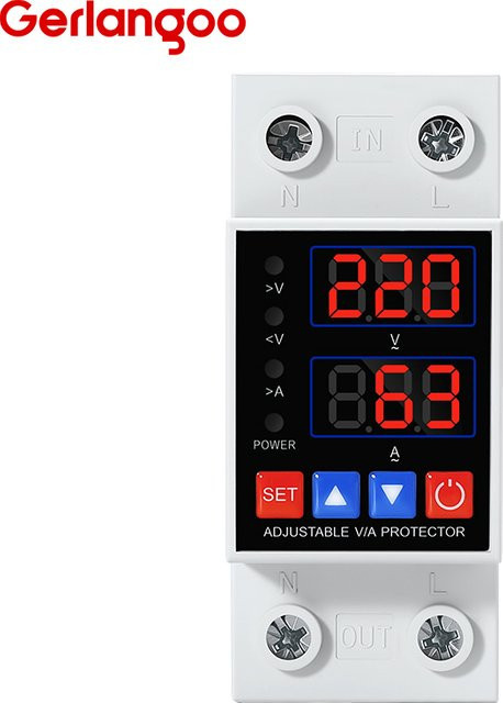 Gerlangoo DIN-Schienen-Unterspannungsschutzrelais mit Doppeldisplay und einstellbarem Überspannungs- und Überstromschutz, 220V 230V, Weiß - Bild 1