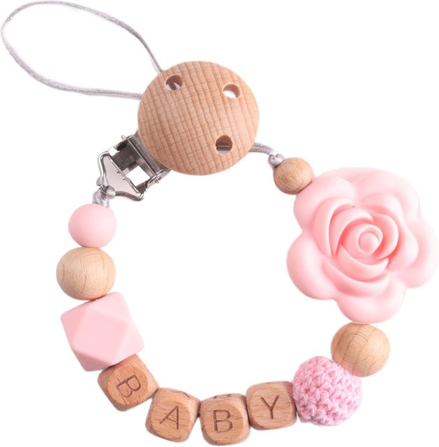 Baby Schnuller Clip mit Silikon-Blumen in Rosa und Lila als Zahnenkette und Beißring-Halterung - Bild 1