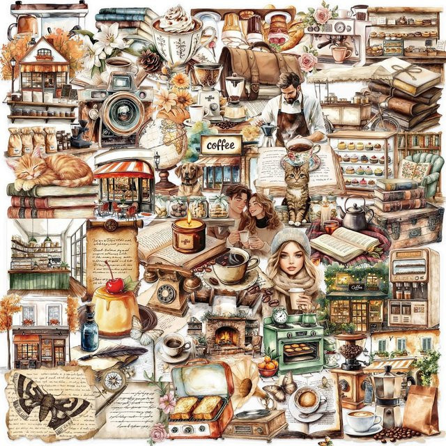 50 Stück transparente Vintage Kaffee Aufkleber aus wasserfestem PET für Scrapbooking und Dekoration von AnimeWorlds Store - Bild 1