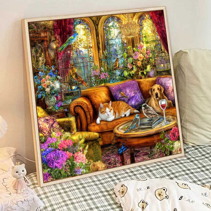 Huacan Diamantmalerei Tier-Motiv mit Hund, Katze und Vögeln in Multicolour, Diamantmosaik Bild aus Strasssteinen mit runden Steinen, B/T/H: 20 x 20 x 20 cm - Bild 3