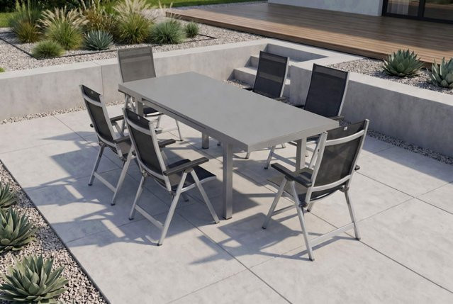 Kettler BasicPlus Premium Garten-Essgruppe aus Aluminium und Textilene in Silber mit Tisch und 6 Klappstühlen - Bild 1