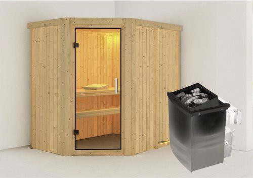 Karibu Sauna Vijandi aus Fichtenholz in Beige inklusive 9 kW Saunaofen mit integrierter Steuerung für 3 Personen, B/T/H: 196 x 198 x 151 cm - Bild 1