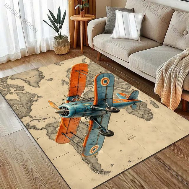 UQIDEHOME Retro Teppich mit Flugzeug- und Kartenmuster, Mehrfarbig, B/T: 60 x 40 cm - Bild 1