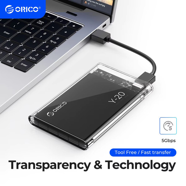 ORICO externes 2,5 Zoll Festplattengehäuse USB 3.0 zu SATA III, transparent, werkzeuglos für 7 mm und 9,5 mm SATA HDD und SSD - Bild 1