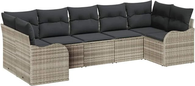 vidaXL Garten-Sofa-Set aus Poly-Rattan in L-Form, 7-teiliges Lounge-Set mit Kissen in Hellgrau - Bild 1