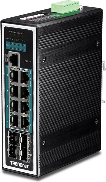Trendnet TI-PG1284I Industrial Ethernet Switch L2+ verwaltet mit 8 x 10/100/1000 PoE+ und 4 x Gigabit SFP in Schwarz - Bild 1