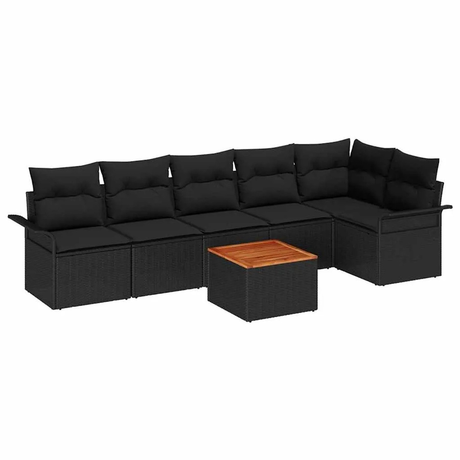 vidaXL 7-teiliges Garten-Sofa-Set aus Polyrattan und Akazie mit Kissen in Schwarz - Bild 2