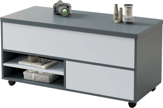 okwish Couchtisch höhenverstellbar mit Rollen und Schubladen in Grau, B/T: 100 x 98 cm - Bild 1