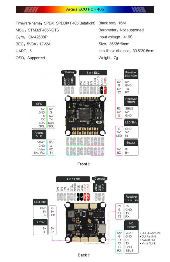 Axisflying Argus ECO 60A F405 Stack für FPV Freestyle Drohnen, Schwarz, 4-6S LIPO, UART 6 HD/Analog und GPS unterstützt - Bild 2