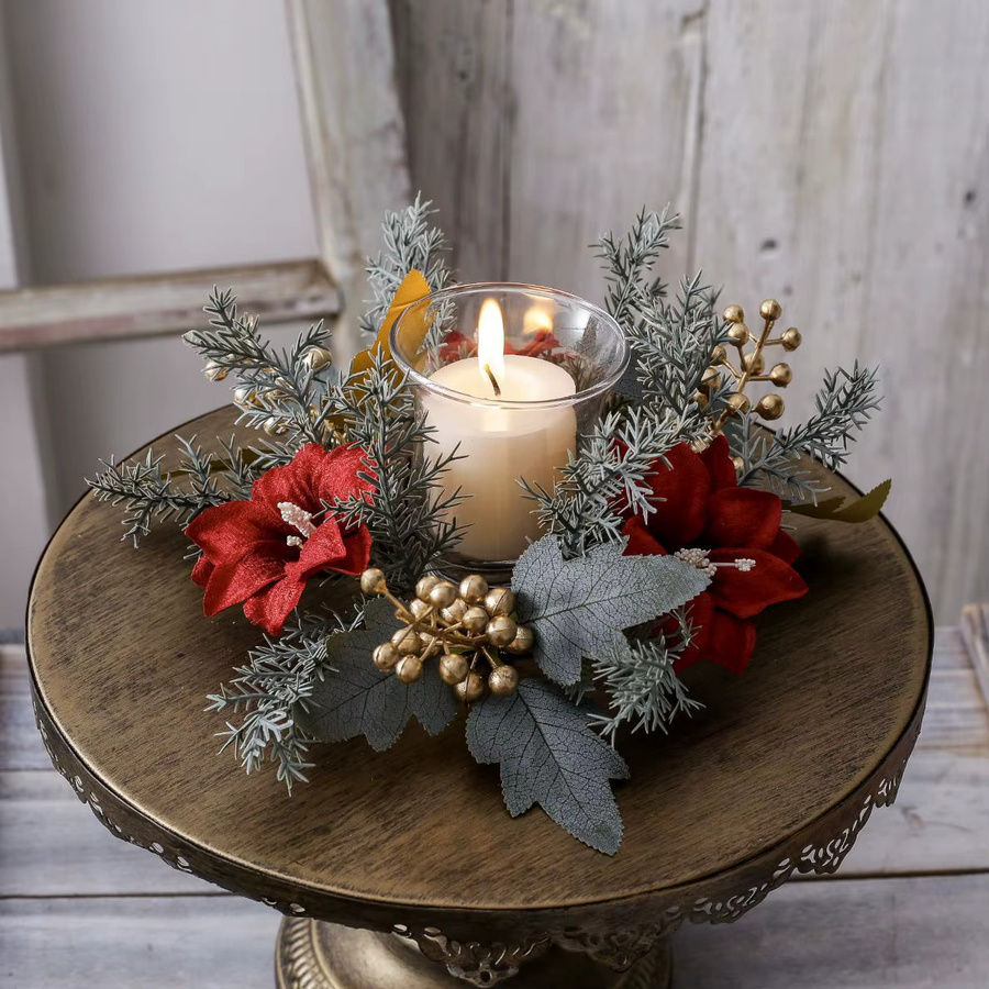 DUTRIEUX Kerzenkranz Girlande mit roten Weihnachtssternen und grünen Kiefernzweigen in Textiloptik für Tisch, Kamin oder Tür - Bild 3