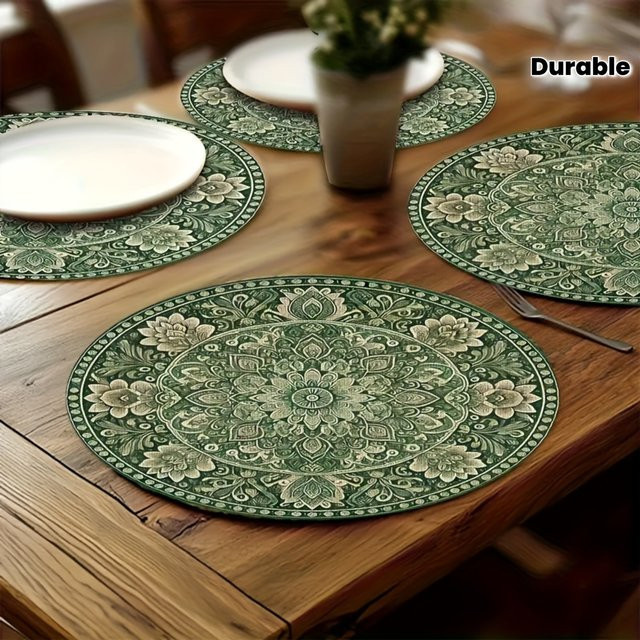 VIKAMA 4er Set Tischsets Mandala Blumen Design in Grün, runde Boho Tischsets aus PVC für deine Küche und deinen Esstisch - Bild 1