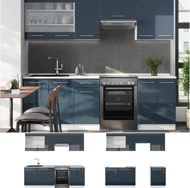 Vicco Küchenzeile Fame-Line in Weiß und Dunkelblau Hochglanz mit Arbeitsplatte in Anthrazit, Breite: 240 cm - Bild 1