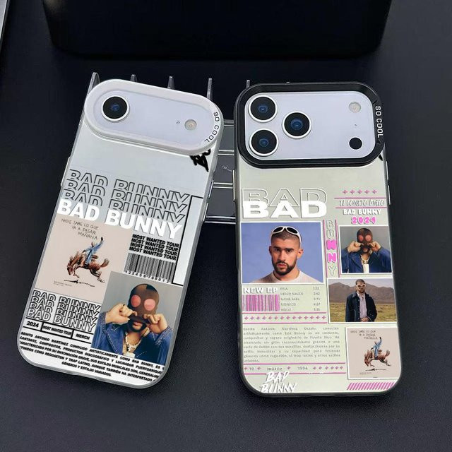 Stoßfeste Handyhülle im Bad Bunny Design für Apple iPhone 11 bis 17 Pro Max, Matte Laser Aurora in Schwarz und Multicolour - Bild 1