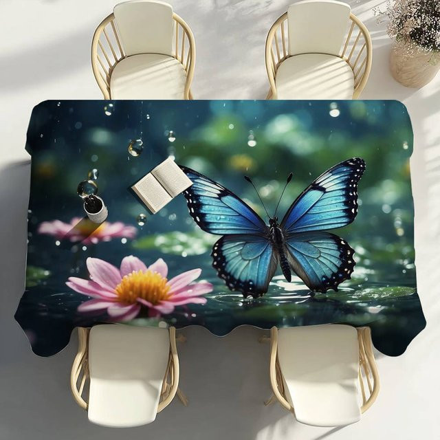 Wasserdichte und fleckenresistente Tischdecke mit Schmetterlings- und Blumenmuster von Fancy Style Studio, Blau, B/T: 100 x 140 cm - Bild 1