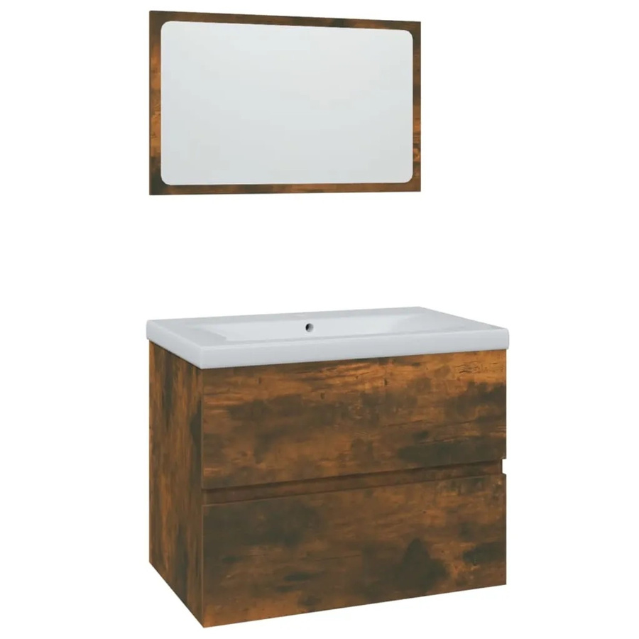 vidaXL Badmöbel-Set Modell 4 aus Holzwerkstoff in Räuchereiche mit Waschbeckenunterschrank, Spiegel und Keramik-Einbaubecken, Farbe: Braun, B/T/H: 60,0 x 38,5 x 45,0 cm - Bild 2
