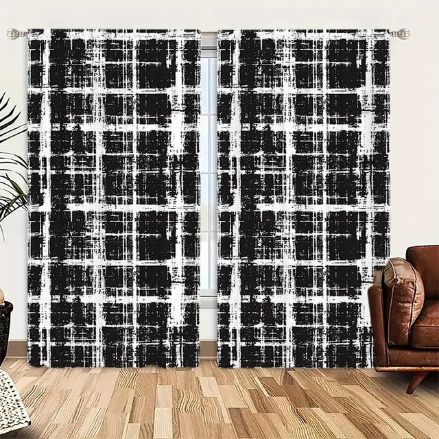 2er-Set Retro Vorhang mit schwarz-weißem Karomuster in Grau, halbtransparent, B: 52,5 cm, H: 116 cm - Bild 1