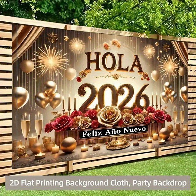 VIKAMA Wandteppich Neujahr 2026 mit goldenen Rosen und Feuerwerk, Stoff-Hintergrund für deine Neujahrsparty, B: 60,0 cm, H: 40,0 cm - Bild 1