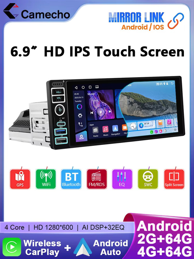 Camecho Android Auto Autoradio mit 6,9 Zoll IPS Bildschirm, 64 GB Speicher, GPS, WIFI, Carplay und Typ-C Anschluss in Schwarz - Bild 3
