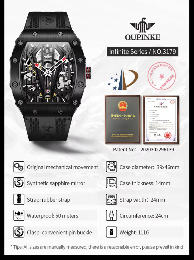 OUPINKE Armbanduhr Automatik, Tonneau, Silikonarmband, Schwarz, Herren - Bild 4