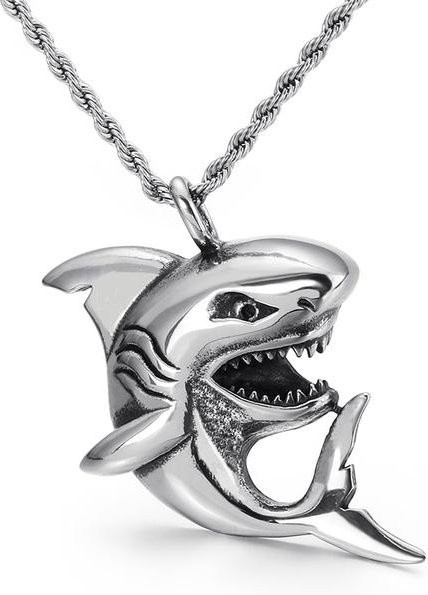 Wucifang Jewelry Hai Anhänger Halskette, Edelstahl, Silber, Herren, 50cm - Bild 1