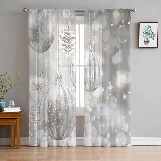 Transparente Tüll-Vorhänge für Weihnachten in Grau und Weiß, moderne Voile-Fenstervorhänge aus Polyester, Breite: 135 cm, Höhe: 115 cm - Bild 1