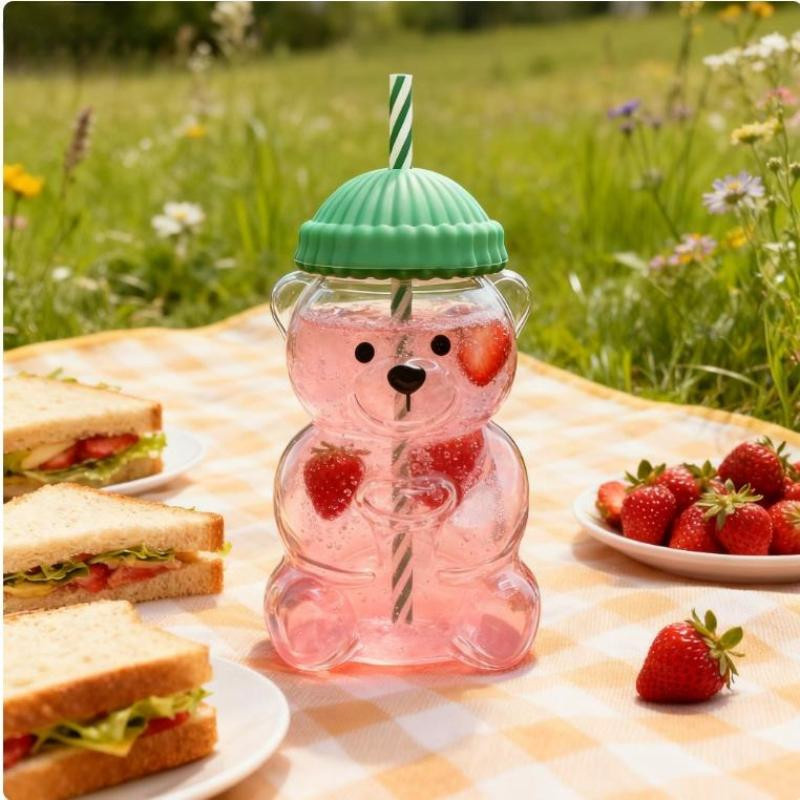 Discover Intime Glas Trinkbecher Bär mit gelbem Hut und Strohhalm, transparent, 401-500ml - Bild 3