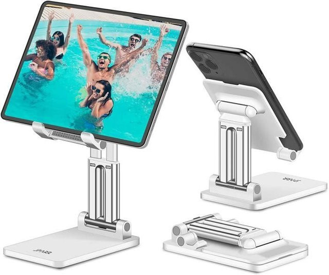 JPARR Handy- und Tablet-Halterung in Weiß, verstellbare und faltbare Schreibtischhalterung für iPad und andere Geräte - Bild 1