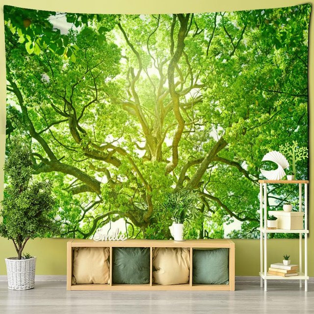 Wandteppich im Boho-Stil mit Wald- und Naturlandschaft, grün, B/H: 150 x 130 cm - Bild 1