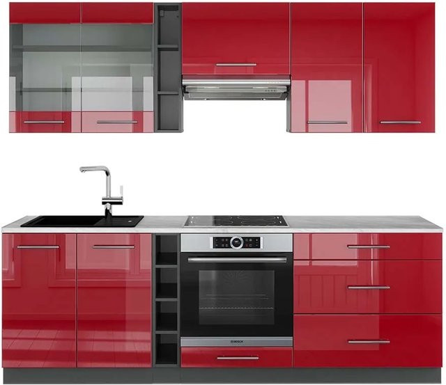 Vicco Fame-Line Küchenzeile Bordeaux Hochglanz und Anthrazit mit Marmor-Optik, Breite: 235 cm - Bild 1
