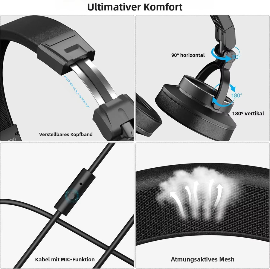 Ortizan Kabelgebundene Over-Ear-Kopfhörer in Schwarz mit 50-mm-Treibern und 3,5-mm-Audiobuchse für Studio-Monitoring, DJ und Recording - Bild 7