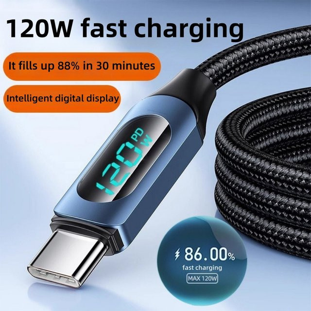 PD 120 W USB-A auf USB-C Datenkabel mit Digitalanzeige für Samsung Huawei Xiaomi OnePlus, Schwarz - Bild 1