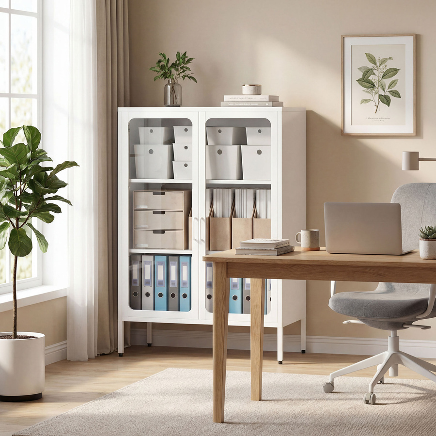 HOMCOM Aktenschrank aus Stahl in Weiß mit 2 Glastüren und verstellbaren Einlegeböden, B/T/H: 80 x 40 x 110 cm - Bild 2