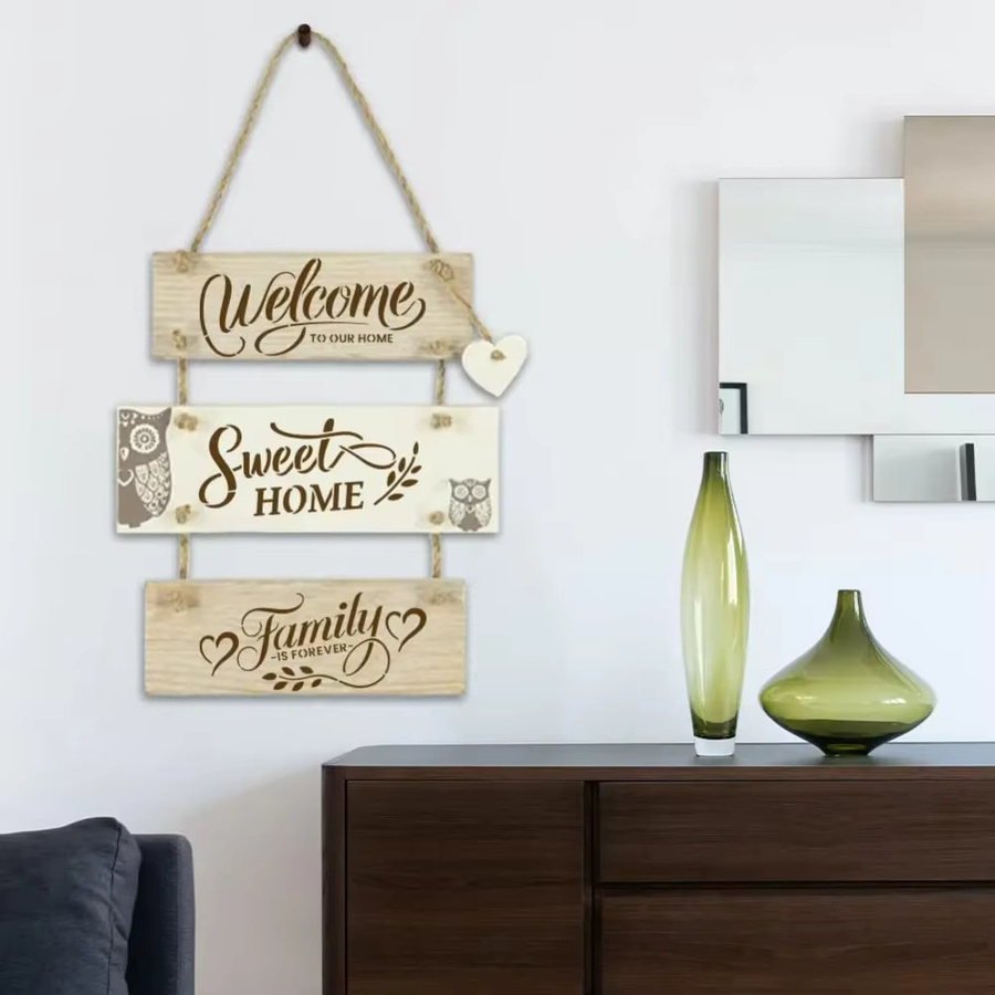9 Stück Willkommensschablonen zum Malen in Weiß mit Pinsel, 9 verschiedene Stile, wiederverwendbare Schablonen mit Willkommen in unserem Zuhause Motiv - Bild 4