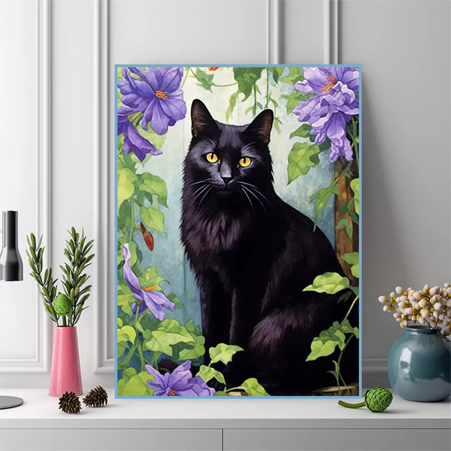 Momoart Diamantmalerei Schwarze Katze mit Blumen als DIY Acryl-Mosaik Set für die Wanddekoration in Schwarz - Bild 3