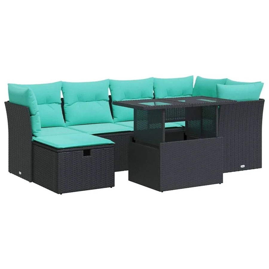 vidaXL 7-teilige Garten-Sofagarnitur in L-Form aus schwarzem Poly-Rattan mit wetterfesten Kissen und pulverbeschichtetem Stahlgestell - Bild 2