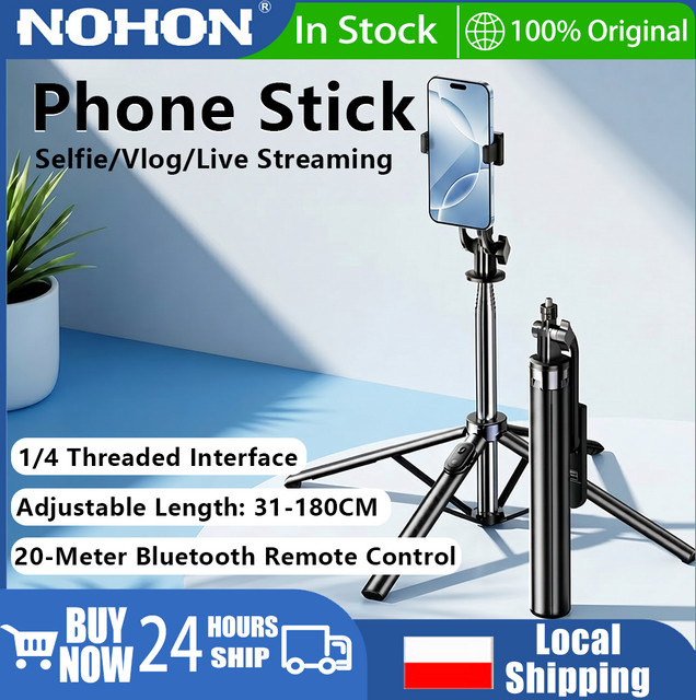 Nohon Teleskopische Handyhalterung in Schwarz, verstellbar von 31 bis 180 cm, Selfie-Stick mit 1/4 Zoll Gewindeanschluss für iPhone, Samsung, Huawei, Xiaomi sowie Kameras von Sony, Canon, Nikon und Fujifilm - Bild 1