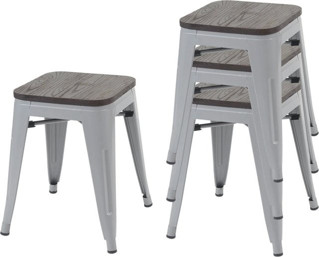 PROREGAL 4er-Set Stapelbare Hocker im Industrial-Design mit Ulmenholz-Sitzfläche und Metallgestell in Grau und Braun - Bild 1