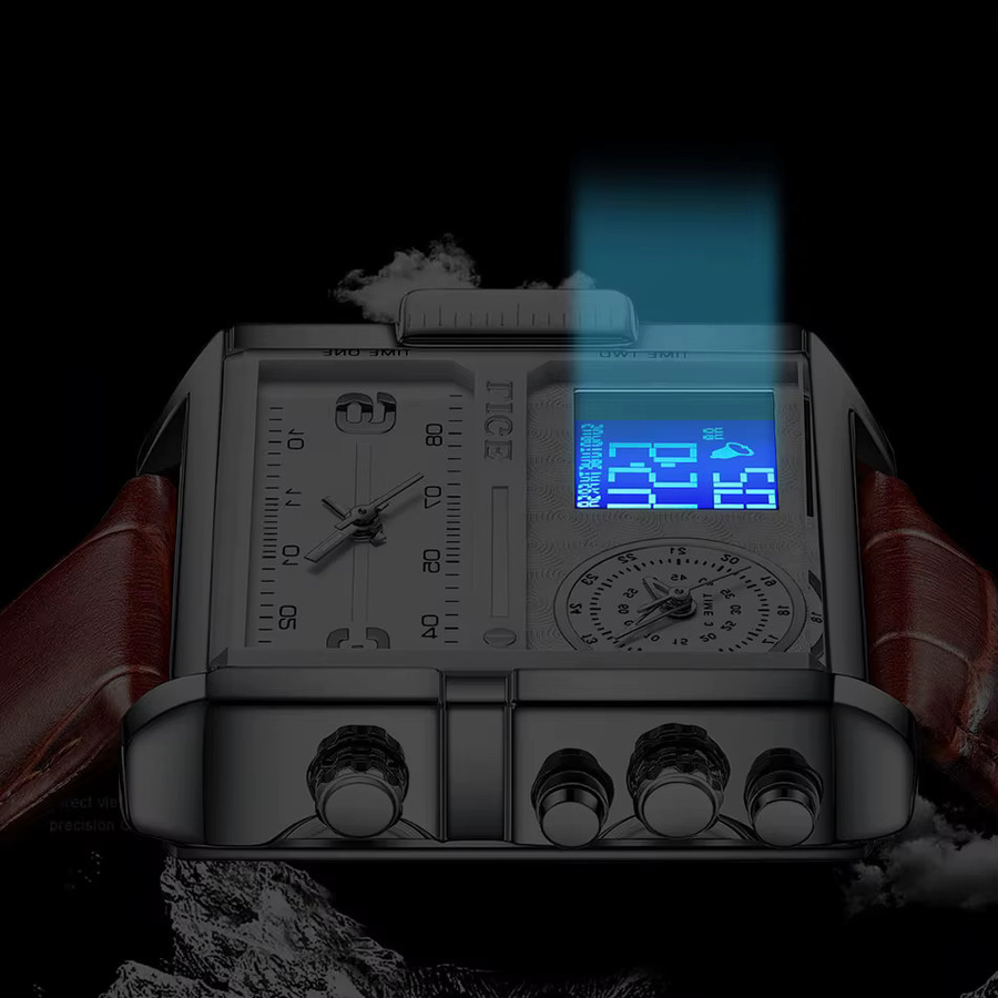 LIGE Armbanduhr Digital, Quarz, Schwarz, Edelstahl, Leder, Herren - Bild 5