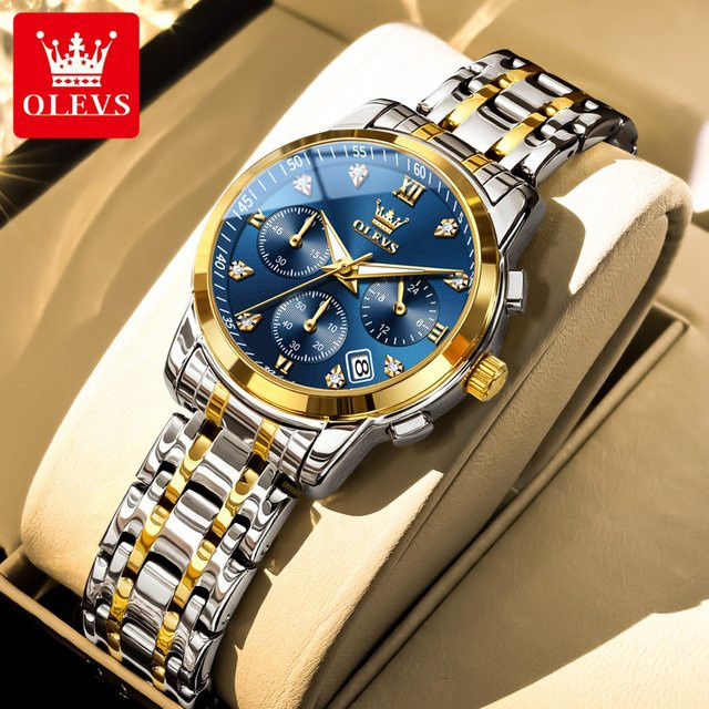 OLEVS Armbanduhr, Chronograph, Quarz, Gold, Edelstahl, Diamantbesetzt, Damen - Bild 1