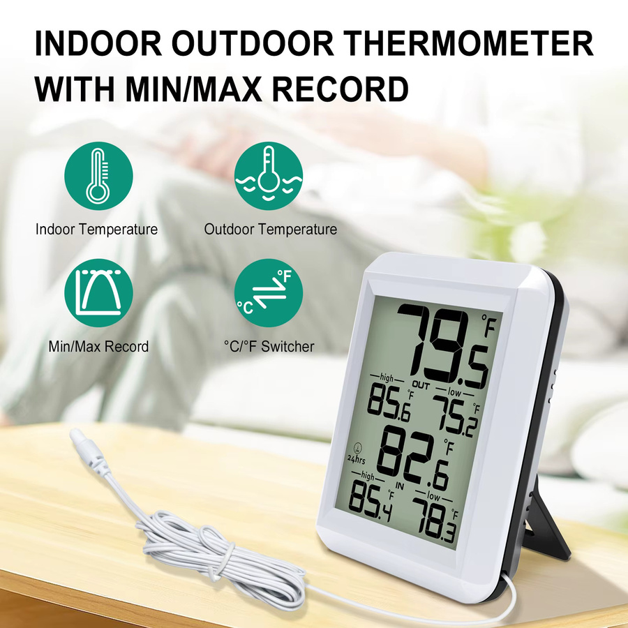 Urageuxy Indoor Outdoor Thermometer mit Max/Min Record, wasserdichtes Kabel für Zuhause, Kühlschrank oder Aquarium, Wand- und Tischmontage, Farbe: Weiß - Bild 2