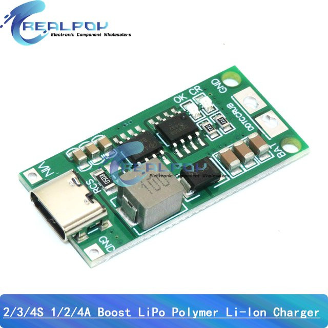 REALPOY USB-C Step-Up Boost Ladegerät für Li-Ion und LiPo Akkus, mehrzellig 2S bis 4S, Farbe Grün - Bild 1