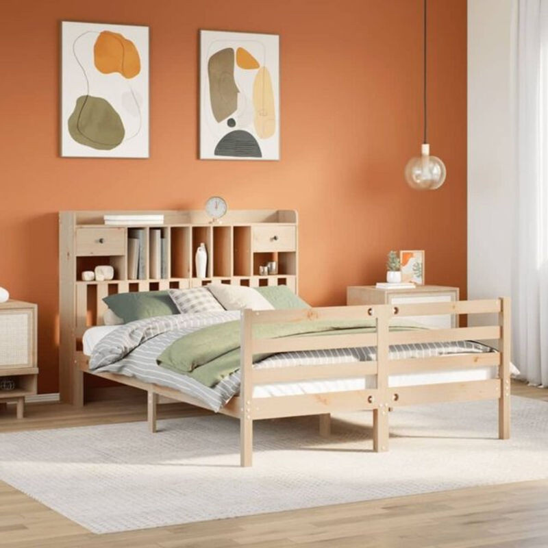 Massivholzbett Vidaxl aus Kiefer mit Regal in Natur und Braun, B/T/H: 140 x 200 cm - Bild 1
