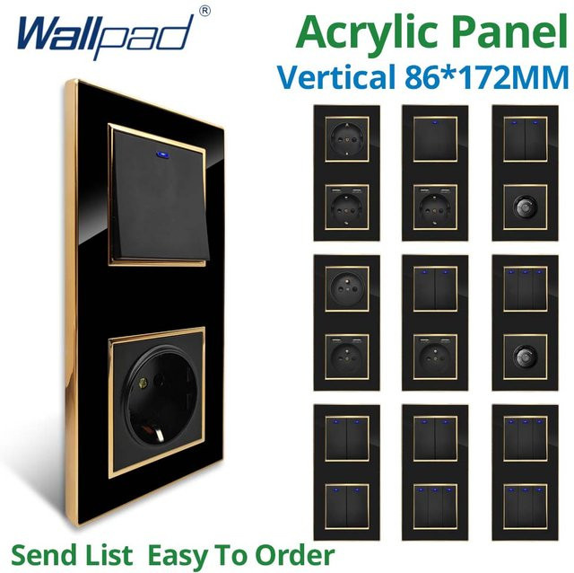 Wallpad Vertikales Acryl-Panel in Schwarz mit Goldrand, Wandlichtschalter mit USB-Aufladung und EU-Steckdose - Bild 1