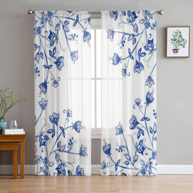 Super Six Transparentes Tüll-Ornament mit Aquarellblauen Blumen als Voile Organza Vorhang für Wohnzimmer, Schlafzimmer und Küche, Farbe: Blau/Weiß, Breite: 135 cm, Höhe: 183 cm - Bild 1