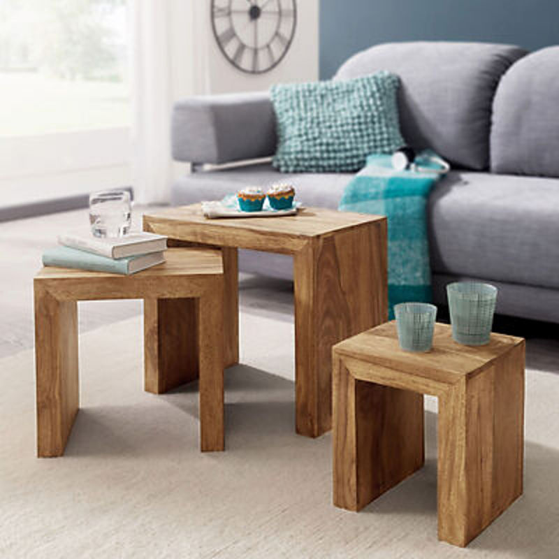 Wohnling Beistelltisch 3er-Set aus Akazie in Braun und Beige mit Holzmaserung - Bild 2