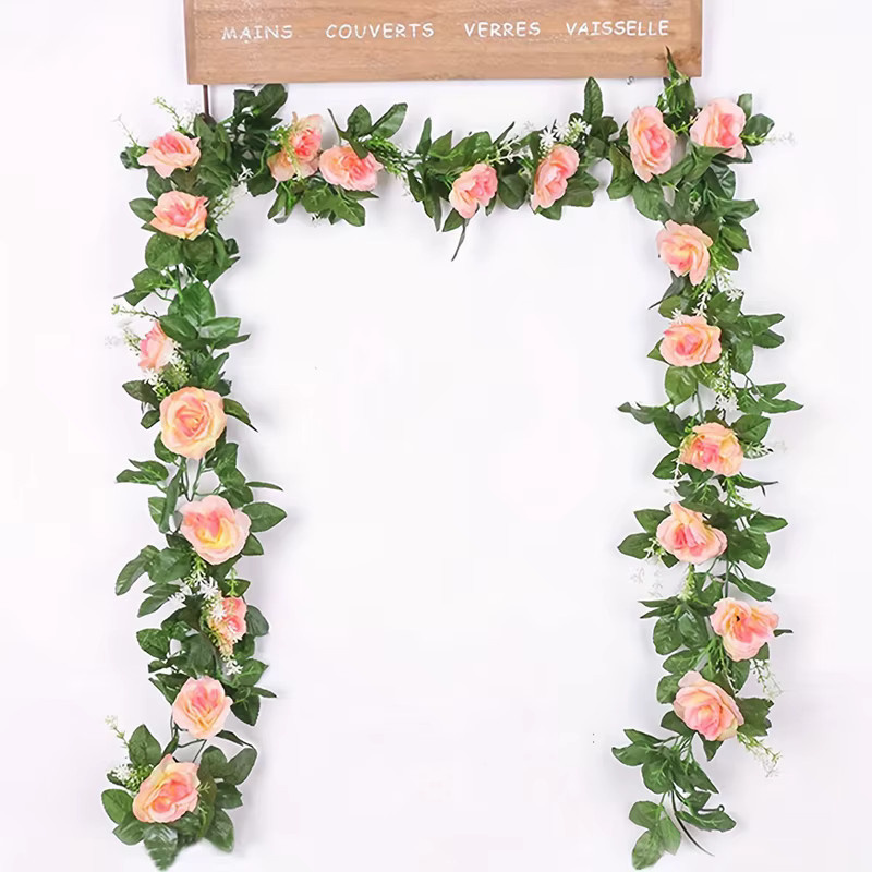 Künstliche Rosen-Girlande aus Seide und Rattan in Beige und Pink für Hochzeiten und Dekorationen - Bild 2
