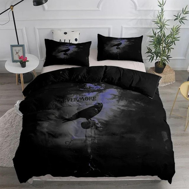 Gotisches Bettwäsche-Set Dämmerungsrabe Poe von Your Warm Home in Schwarz mit Kissenbezügen aus Mikrofaser, B/H: 200 x 200 cm - Bild 1