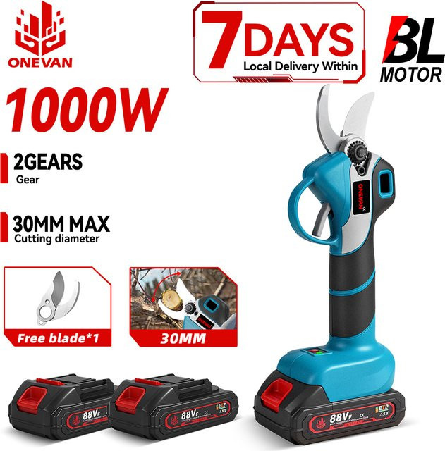 ONEVAN Bürstenlose elektrische Astschere 1000W 2-Gang mit 30mm Schneide in Blau, kabellose Astschere kompatibel mit Makita 18V LXT Akku - Bild 1